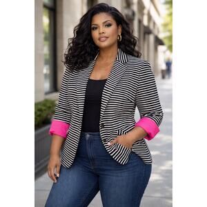 INC International Concepts Blazer 22W Black White Stripe Pink Lined Plus Size